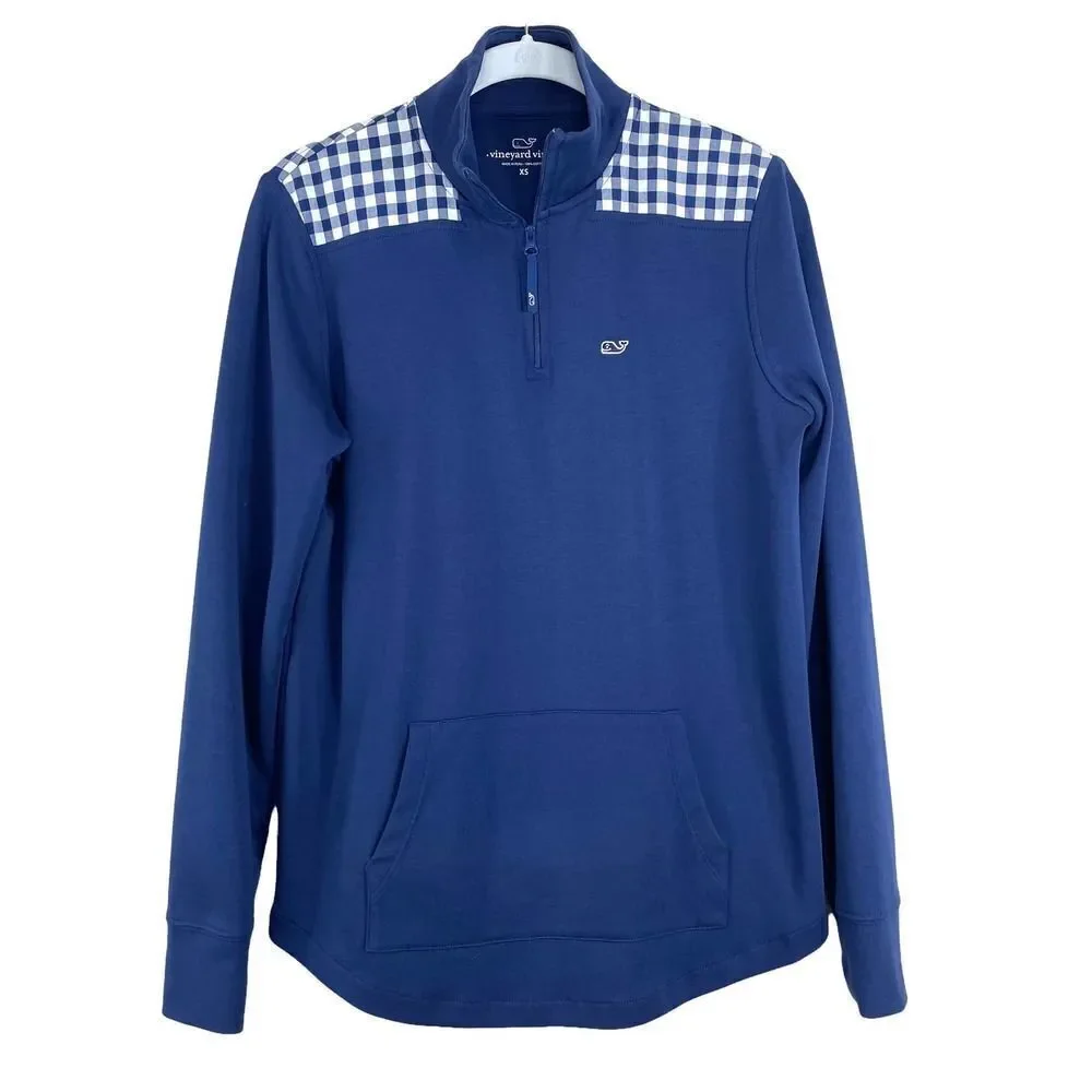 Vineyard Vines 100% cotton quarter zip plaid shoulder‎ Sweater Sz XS whale logo